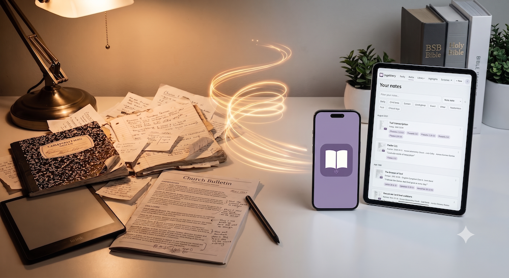 Paper notes and notebooks gathered into the Ingathery app