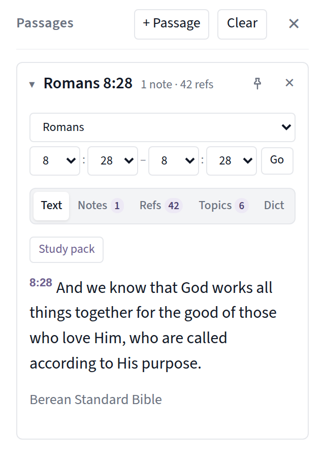 Ingathery's passage panel, showing Romans 8:28 alongside the user's own notes and cross-references