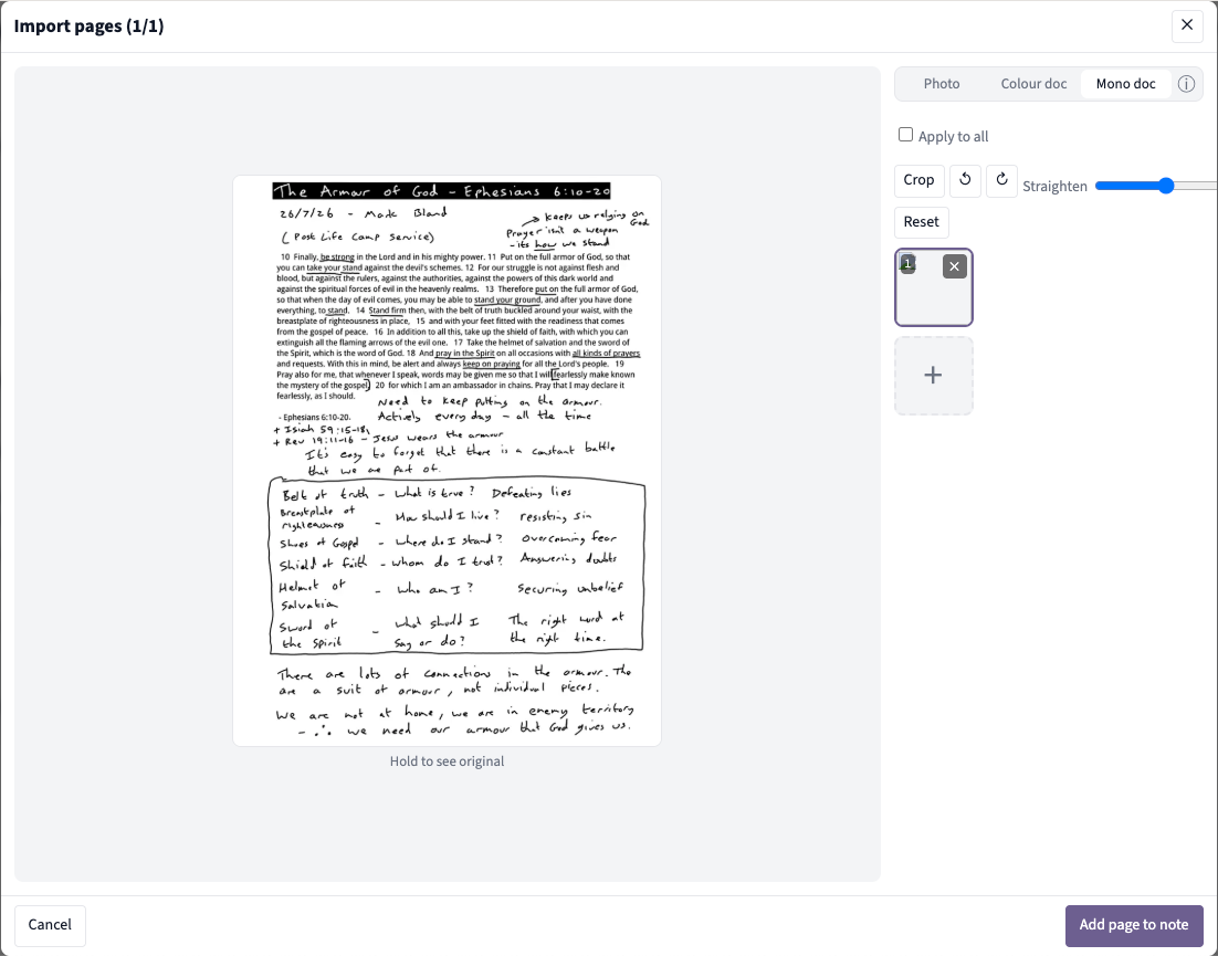 Ingathery's photo review tray, showing crop, rotate, and mode options for a photographed page