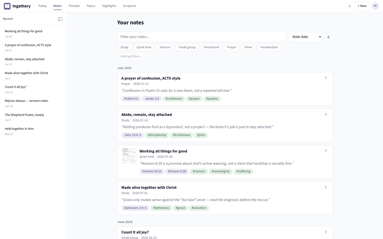 A timeline of notes in Ingathery, grouped by month, with tags and references