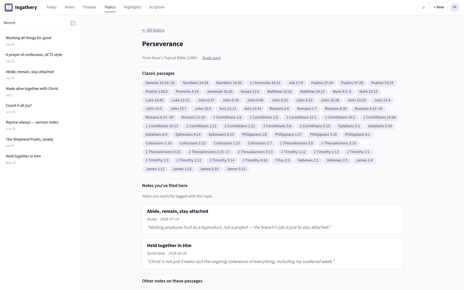 A topic page in Ingathery, showing classic passages from the built-in concordance alongside the user's own notes
